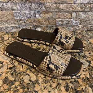 Tory Burch Double T Stamped Snake Printed Leather Sports Slide